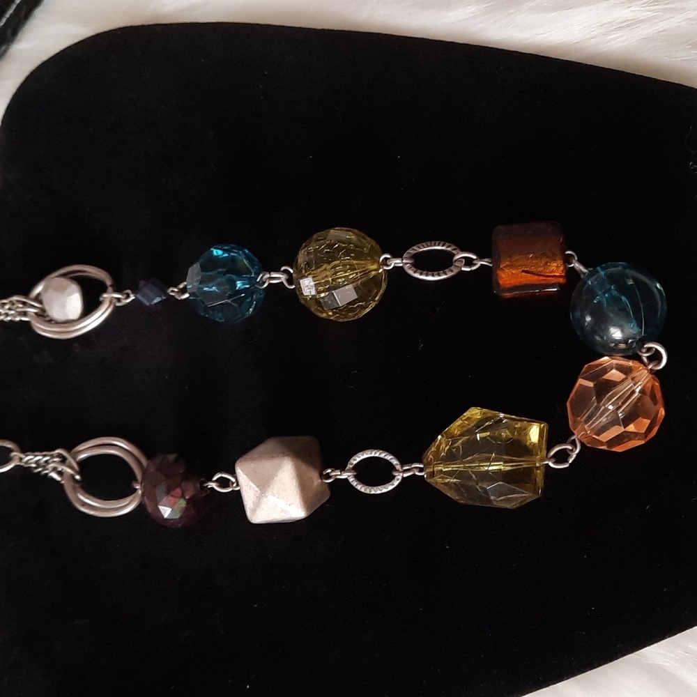 3/25 bead Multicolor silvertone adj necklace Geometric Boho Statement Bib